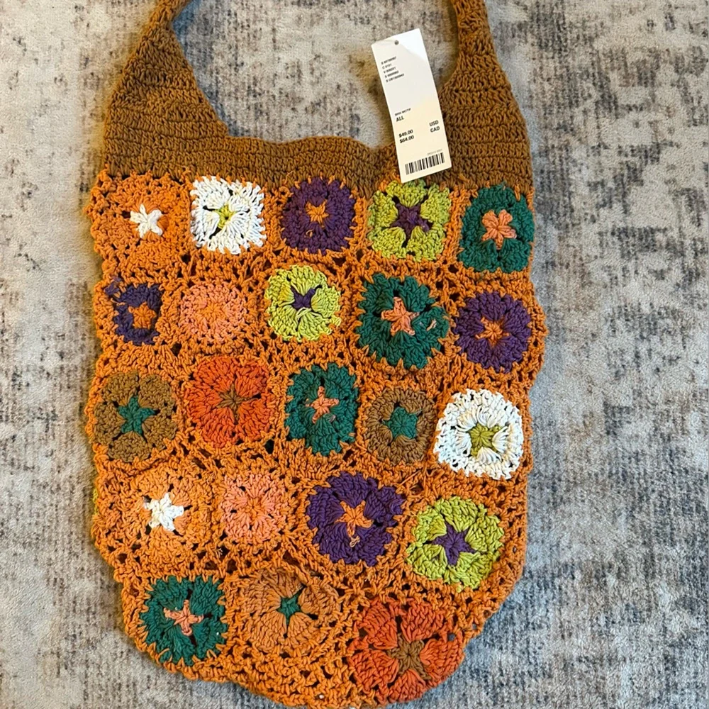 UO HANDMADE Crochet Granny Square Shoulder‎ Bag Brown + Orange NEW! $49